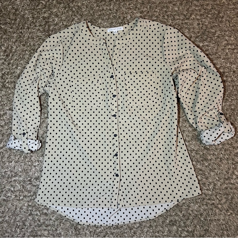 Notations M Beige Tan Black Polka Dot Button Blouse Shirt Long Sleeve Womens